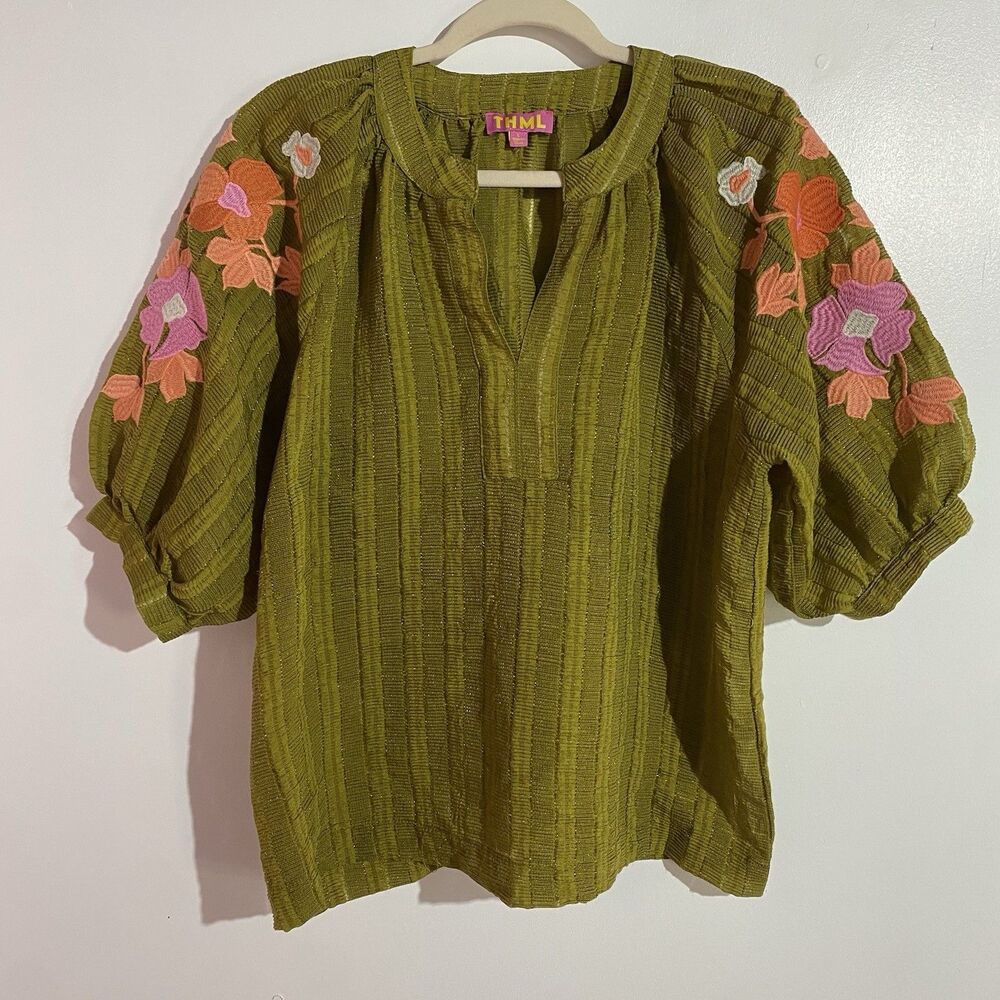 THML Anthropologie Top L Green Floral Embroidered Puff Sleeve Fall Boho - Picture 1 of 13